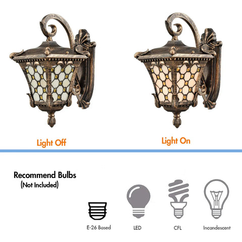 Outdoor Wall Lantern with Tiffany Glass Shade, Weatherproof Die Cast Aluminum, Rust Resistant Black and Brushed Brass Finish