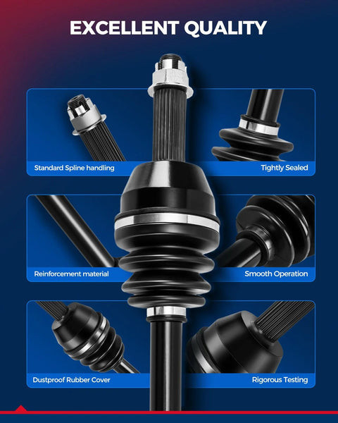 Front Left CV Axle Shaft Assembly For 2015 Through 2019 Hyundai Sonata 2.4L Gas And 2016 Through 2020 Kia Optima 2.4L Gas Two Pack CV Axles With Durable Build And Easy Install featuring standard spline handling, tightly sealed components, and dustproof rubber cover.