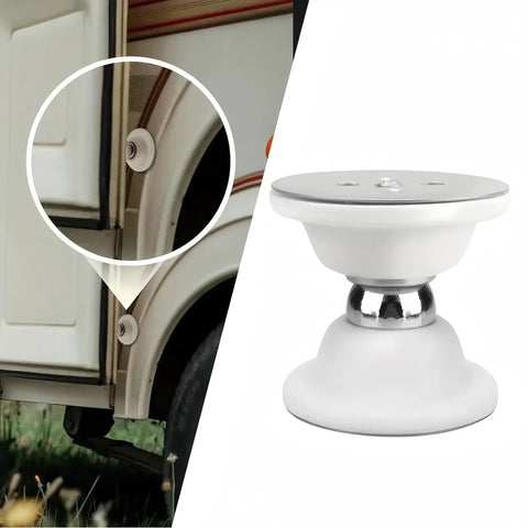 Magnetic Door Catch For RV Camper Caravan Motorhome And Boat, installed on RV, white finish, close-up view.