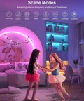 RGB LED Strip Lights 32.8Ft with 5050 LEDs illuminating a bedroom with color-changing hues and two children playing.