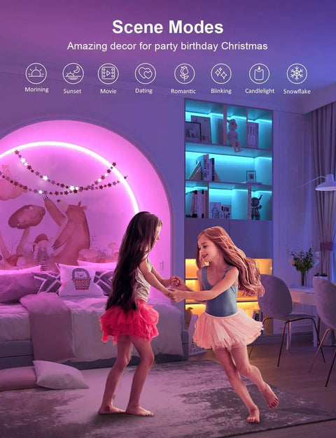 RGB LED Strip Lights 32.8Ft with 5050 LEDs illuminating a bedroom with color-changing hues and two children playing.