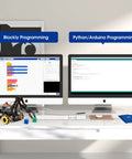 ACEBOTT robot arm expansion pack; yellow wheeled chassis with cables beside two iMacs showing Blockly and Python programming.