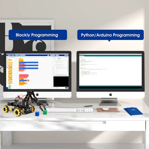 ACEBOTT robot arm expansion pack; yellow wheeled chassis with cables beside two iMacs showing Blockly and Python programming.