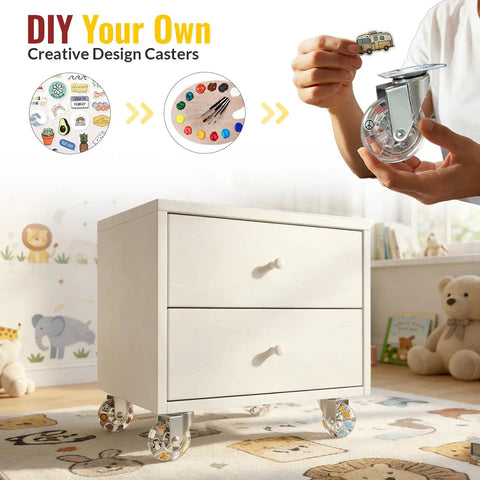 Slick Two Inch Clear Casters Featuring Top Shelf Polyurethane Build With A Heavy Duty Two Hundred Sixty Five Pound Rating For No Sweat Rolling On Hardwood Tile Or Carpet Floors Perfect For DIY Furniture Refreshes And Solid Workbench Upgrades Set Of Four on a stylish drawer cabinet.