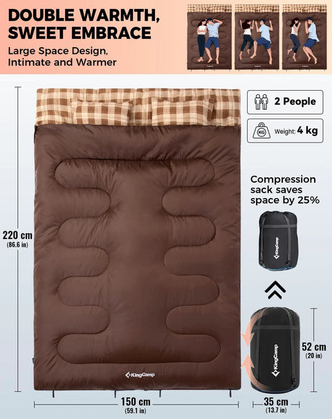 Two Person Queen Size XXL Flannel Sleeping Bag With Cotton Liner And Two Pillows, laid out with compression sack details