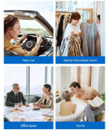 Collage of four images: woman driving convertible, person choosing clothes in room, business meeting with three people, and couple in home bathtub