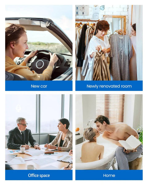 Collage of four images: woman driving convertible, person choosing clothes in room, business meeting with three people, and couple in home bathtub