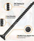 Deck Screws 2-1/2 Inch, Number 10, 108 Pack, Star Drive Wood Screws for Timber and Landscaping, Rust Resistant Coated, T25 Bit Included, Black Finish, showing details like self-tapping cut and knurl shoulder.