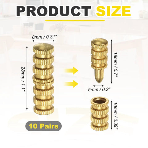 Premium Zinc Alloy Table Leaf Dowel Pins With Golden Bolt Sleeve Connectors For Furniture Desk Alignment Heavy Duty Top Leaf Support Hardware, size dimensions shown