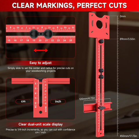 Bulletproof Adjustable Router Circle Cutting Jig For Compact Shop Setups Smooth Arc Routing And Super Precise Curved Edge Trimming Made Dead Simple with clear scale markings.