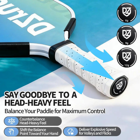 Customizable Pickleball Paddle Weight Set With 5x3g Snap Weights And End Cap Coins for balance shown on a paddle handle