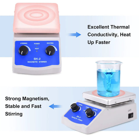 Magnetic Stirrer Hot Plate Mixer With Thermometer And 2000 RPM Stirring, Heats Up To 520 Fahrenheit Fast, Includes Stir Bar And Support Stand For Easy Lab Setups. Magnetic stirrer hot plate with beaker and control knobs