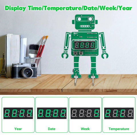 Alarm Clock Soldering Practice Kit For Students And Makers Build Your Own 4 Digit Robot Digital Clock With Temperature Display And STEM Circuit Board Project For Classroom Or Desk on a wooden desk with digital display features visible.