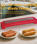 Hot Dog Cutter Criss Cross Slicer With No Touch Release And One Touch Eject next to grilled hot dogs on kitchen counter