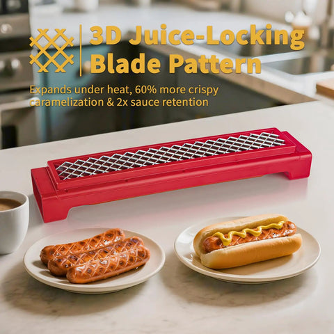 Hot Dog Cutter Criss Cross Slicer With No Touch Release And One Touch Eject next to grilled hot dogs on kitchen counter