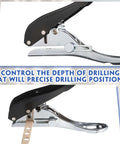 Side view of three pack heavy duty handheld hole puncher set with depth control, delivers clean one quarter inch, five sixteenths inch, and three eighths inch holes.