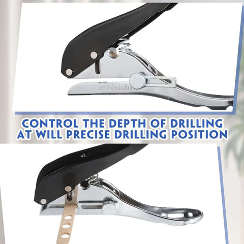 Side view of three pack heavy duty handheld hole puncher set with depth control, delivers clean one quarter inch, five sixteenths inch, and three eighths inch holes.