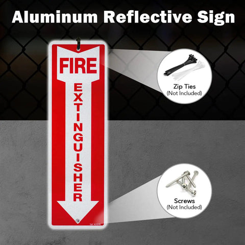 Metal Fire Extinguisher Sign 4 Pack, 12 By 4 Inch Aluminum displayed on a wall, reflective waterproof design with pre-drilled holes