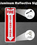 Heavy Duty Metal Fire Extinguisher Sign Set 12 Pack 12 By 4 Inch Rust Free Aluminum Reflective Waterproof Weatherproof Fade Resistant 2 Pre Drilled Holes Easy Indoor And Outdoor Installation with zip ties and screws.