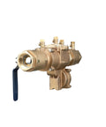 Pro Grade Lead Free Bronze Reduced Pressure Zone Assembly Featuring Slick Quarter Turn Shutoff Valves With Inline Serviceable Design and Drop In Ready Installation, side view.