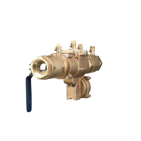Pro Grade Lead Free Bronze Reduced Pressure Zone Assembly Featuring Slick Quarter Turn Shutoff Valves With Inline Serviceable Design and Drop In Ready Installation, side view.