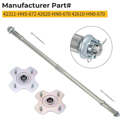 Heavy Duty Rear Axle Shaft And Left Right Wheel Hub Assembly For Honda Rancher 350 400 ATV 4x4 2x4, showing metal axle and wheel hubs.