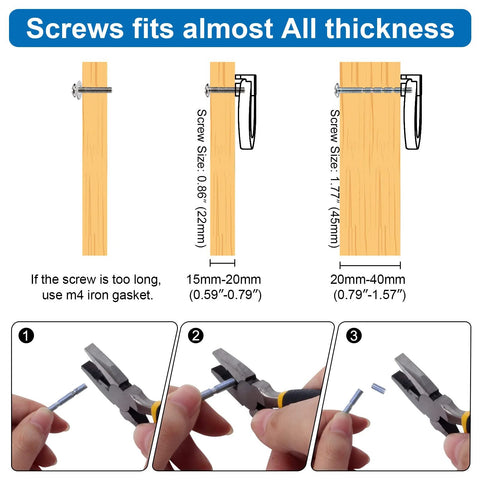 Screw size guide for Brushed Gold Cabinet Ring Pulls 4 Pack Zinc Alloy Drawer Pulls; shows screws fitting various thicknesses.