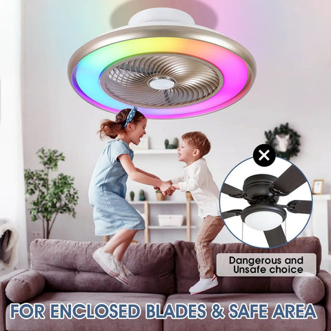 22 Inch Bladeless Low Profile Ceiling Fan With Lights And Remote Enclosed Flush Mount RGB 7 Color Mood Lighting And Built In Music Speaker for Bedroom Living Room Party Vibe, showcasing enclosed fan with glowing colors above children playing on sofa.
