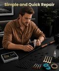 Complete 3-In-1 Fishing Rod Tip Repair Kit Loaded With Pro Gear To Restore Broken Tips And Refit Split Guides Fast So You Can Keep Tight Lines No Sweat Ever, displayed on a table with tools and materials.