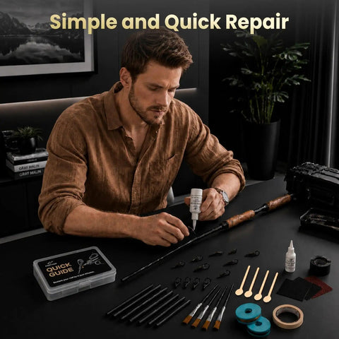 Complete 3-In-1 Fishing Rod Tip Repair Kit Loaded With Pro Gear To Restore Broken Tips And Refit Split Guides Fast So You Can Keep Tight Lines No Sweat Ever, displayed on a table with tools and materials.