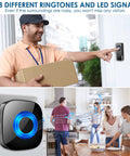 Beast Of A Wireless Doorbell Kit With 2 Receivers And 2 Push Buttons, showing delivery person using one button and chime system indoors.