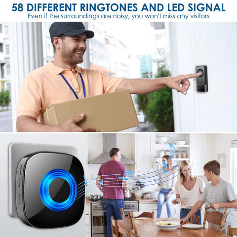 Beast Of A Wireless Doorbell Kit With 2 Receivers And 2 Push Buttons, showing delivery person using one button and chime system indoors.