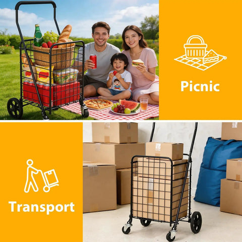 Go-To Grocery Cart With 360 Degree Swivel Front Wheels And 100 Lb Capacity loaded for picnic and transport in park and indoors