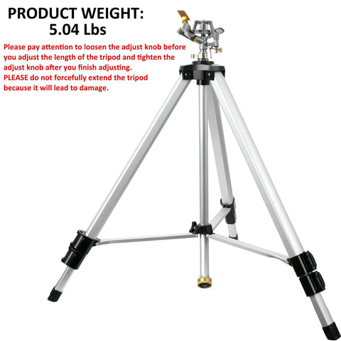 Heavy Duty Impact Sprinkler On Tripod Base With Extra Tall Pulsating Metal Sprinkler For Large Yards And Gardens Telescoping Legs Waters Up To 90 Ft Diameter Durable Tripod System showing full tripod structure with adjustment knobs.