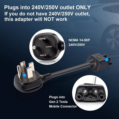 Sweet Plug Play Nema 14-50 Ev Adapter Custom Made For Tesla Gen 2 Mobile Chargers showing NEMA 14-50 plug connecting to mobile connector.