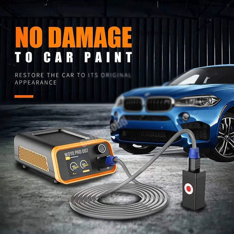 Paintless Dent Repair Tool Kit With Magnetic Induction For Scratch Free Auto Body Dent Removal shown with blue car
