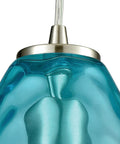 Close-up of Lagoon Mini Pendant Light With Dope Aqua Water Glass In Satin Nickel Finish, showing blue glass accent and steel fixture.
