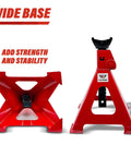 Six Ton Jack Stands Beefy Heavy Duty Self Locking With Quick Adjustment Steel Stands for SUVs MPVs Trucks and RVs, front and base view.