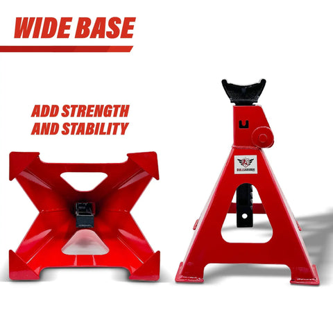 Six Ton Jack Stands Beefy Heavy Duty Self Locking With Quick Adjustment Steel Stands for SUVs MPVs Trucks and RVs, front and base view.