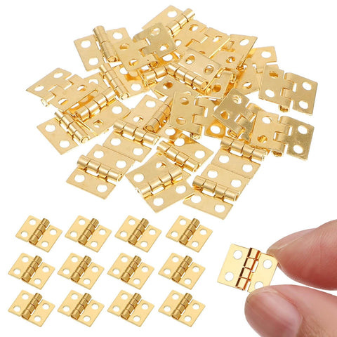24 Pcs Dollhouse Hinges 10x8mm 180 Degree Stainless Steel Gold Tiny Hinges For Miniature Furniture And Jewelry Boxes With 96 Screws Included By SynHHnergyx displayed with hand holding one hinge.
