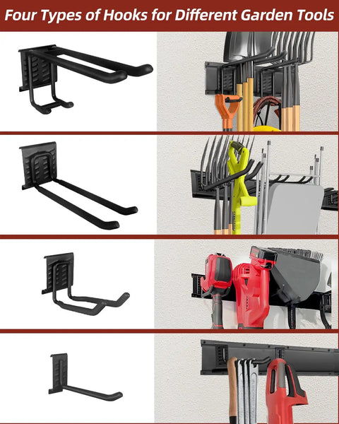 48-Inch Wall Mounted Garage Tool Organizer With 8 Hooks, Heavy Duty Metal Storage Rack for various garden tools and lawn gear.