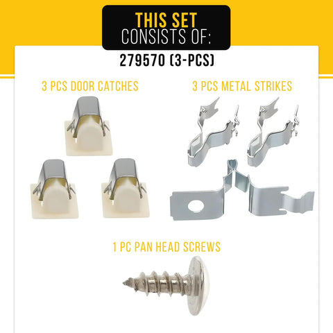 Dryer Door Latch Kit Easy Install Replacement 3 Piece For Whirlpool Maytag AP3094183 includes latches, strikes, and screw.