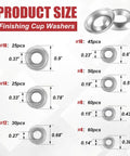Finishing cup washers set, Yaocom 304 stainless steel, 7 sizes (#4–#16), counts shown