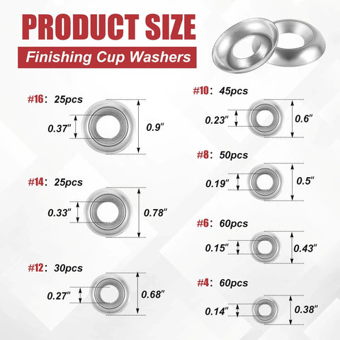 Finishing cup washers set, Yaocom 304 stainless steel, 7 sizes (#4–#16), counts shown