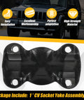 CV Socket Yoke Assembly For 1310 Series U Joint, heavy-duty fit displayed in front of Jeep Cherokee, easy bolt-up installation