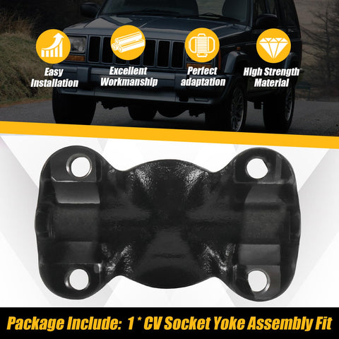 CV Socket Yoke Assembly For 1310 Series U Joint, heavy-duty fit displayed in front of Jeep Cherokee, easy bolt-up installation