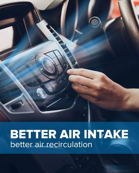 Close-up of a hand adjusting car AC controls, air intake section promoting Cabin Air Filter With Activated Carbon CF10285 Fits Toyota models.