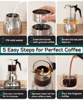 5 easy steps to use a 9-Cup stovetop moka pot with glass kettle for espresso brewing, featuring glass and stainless steel design.