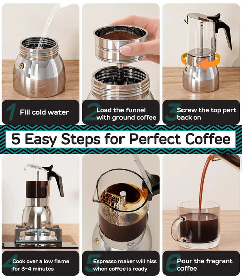 5 easy steps to use a 9-Cup stovetop moka pot with glass kettle for espresso brewing, featuring glass and stainless steel design.