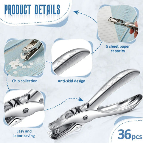 Set Of 36 Circle Hole Punches, 1 Hole Punch, 5 Sheet Capacity, handheld paper puncher with chip collection and anti-skid design